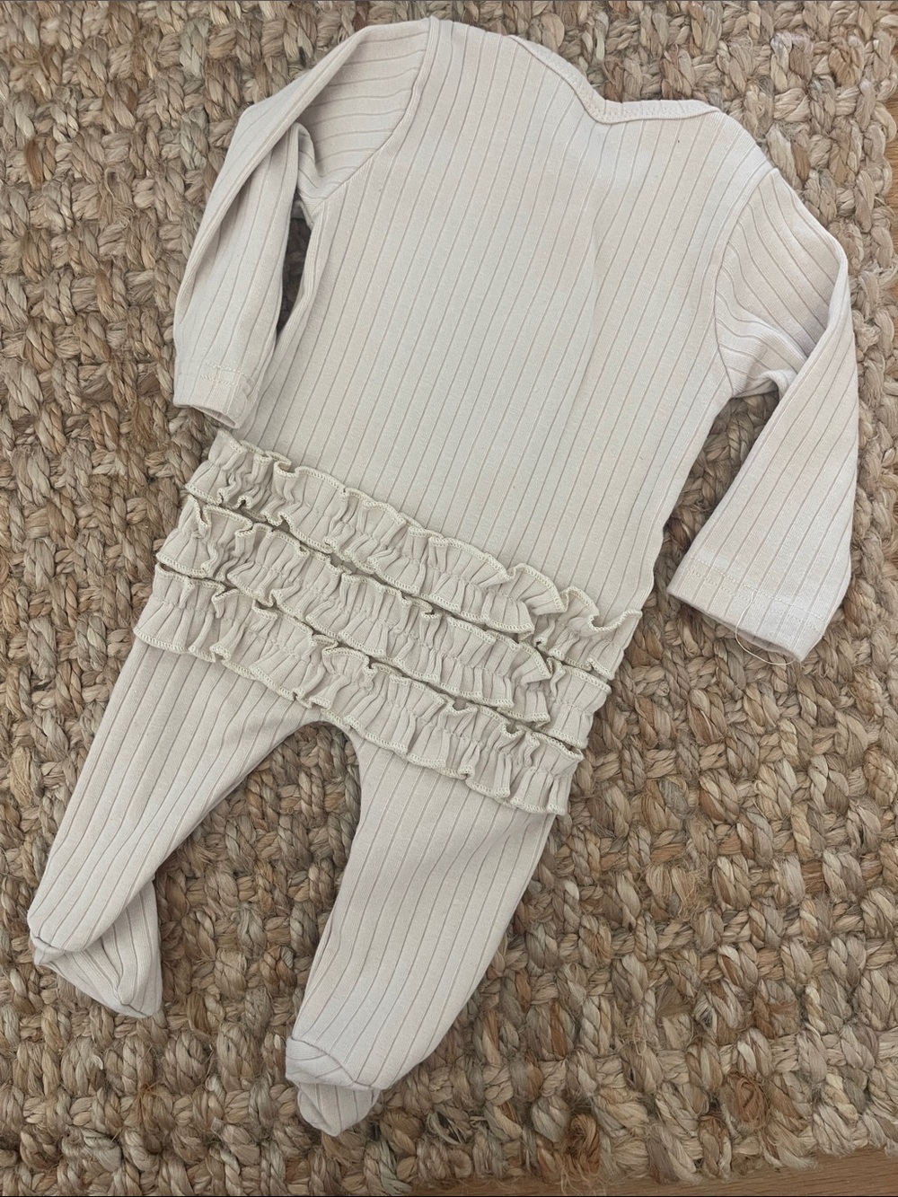 Neutral Cream Ribbed Zip-Up Ruffle Footed One-Piece - Picture 3 of 5